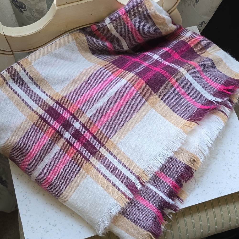 Plaid Scarf with Pink and Tan Accents - Picture 1 of 1